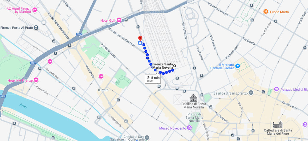 Indicazioni a piedi dalla stazione di Firenze Santa Maria Novella al B&B Marbò Florence in Via Alamanni 25
